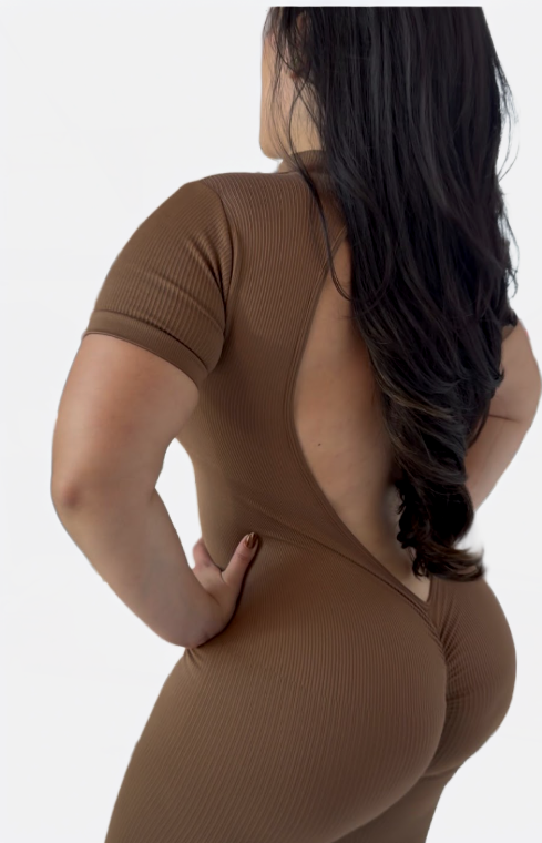 Short Sleeve Sculpt & Stretch Brown Jumpsuit One Size - Image 2