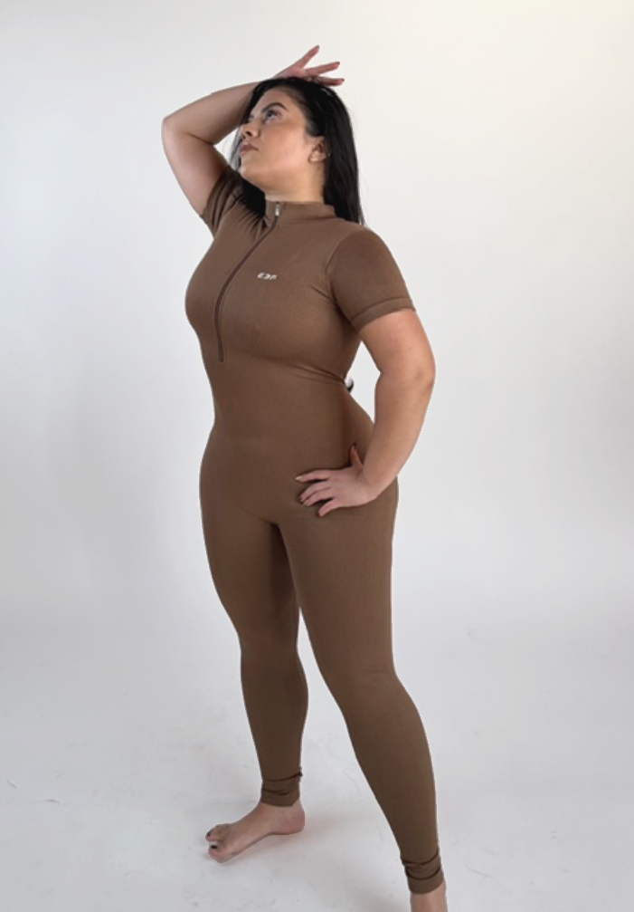 Short Sleeve Sculpt & Stretch Brown Jumpsuit One Size
